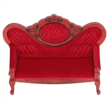 1/12 Mini Babaház Kanapé Vintage Piros Fa Reális Kanapé Bútor, Jármű Dekoráció Nappali