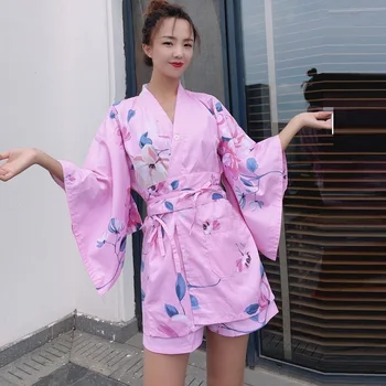 100% Pamut Kimonó Japán Pizsama Virág Fürdőköpeny V-Nyakú Loungewear Nők Pijama Tavaszi Hálóruházat Szexi Haza Ruhát KK4200
