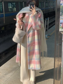 2022 Téli Szivárvány Gyapjú Kabát Női Alkalmi Kockás Hosszú Kabátot Office Lady Y2k Ruházat Koreai Divat Kabátok, Trench Kabát