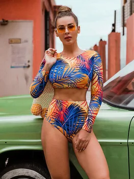 2023 Hosszú ujjú nyomtatott pántos szexi konzervatív magas derekú bikini kétrészes fürdőruha női strand