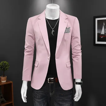 2023 Tavaszi Alkalmi ruha Férfi jóképű rózsaszín öltöny zakó Üzleti szakmai viselni bankett fél kabát teljes méret S-5XL