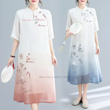 2023 hagyományos kínai javult qipao cheongsam retro virág nyomtatás chiffon ruha nemzeti vintage tea szolgáltatás gradiens ruha