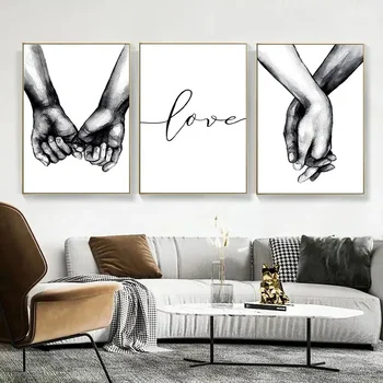 3pcs keret nélküli Fekete-Fehér Romantikus Kéz A kézben, Vászon Festmények, Szerelmes Idézetek Wall Art Poszter, Nyomtatott Kép, Párok