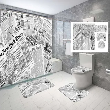 4 DB Régi Újság Zuhanyzó Függöny Szett,Egyszerű Fekete, Míg Csúszásmentes Szőnyeg Wc Fedelét Fürdőszobában Zuhanyzó Függöny Szett
