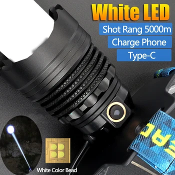 5000Meters Hosszú Széles Rang Led Fényszóró Nagyítható Fényszóró USB Újratölthető 7800mah Akkumulátor Fej Lámpa Lámpa Halászat