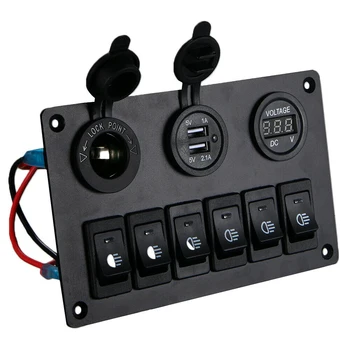 6 Banda Kapcsoló Panel 12V-24V LED Digitális Voltmérő, Kettős USB Töltő szivargyújtó az RV Teherautó Hajó SUV