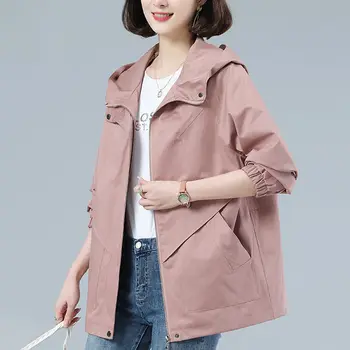 A Nők 2023 Új Tavaszi Őszi Koreai Vintage Szilárd Kapucnis Hosszú Ujjú Kabát Női Divat Alkalmi Cipzár Kabátok Outwear X103