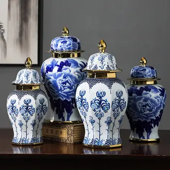 A kínai Nagy Kerámia Váza Klasszikus Arany Határon Kék-Fehér Porcelán Váza Virág Festmény Tároló Edény Nappali Dekoráció