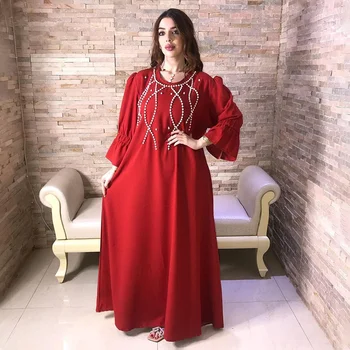 Abaya A Nők Dubai Muszlin Tavaszi, Nyári Új Bubble Sleeve Gyöngy, Forró Gyémánt Ruha Muszlim Piros Ruha Laza Női Ruha