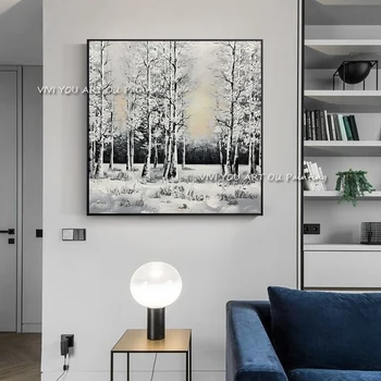 Absztrakt kézzel készített téli fehér fa, olaj festmény, tornácos folyosón függőleges hivatal modern, minimalista nappali dekoráció