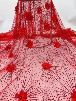 Afrika Morden Hímzett Tüll Nettó Szövet Ragasztott Csillogó Luxus francia 3D Virág Háló Csipke Este Esküvő Party Ruha