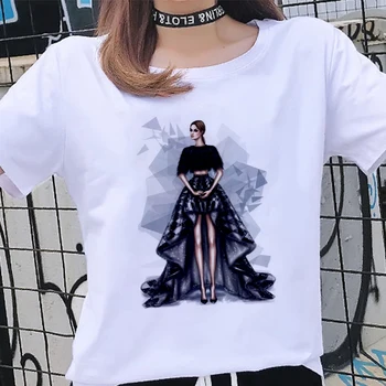 Az Új, Divatos, menő hölgy kép, nyomtatott póló Harajuku Alkalmi Vékony, Fehér, Rövid ujjú Felsők póló Női utcai ruhában