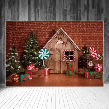Baba Édesség Karácsonyi Lollipop Kabin Szoba Fotózás Háttérben Gyerekek Tégla Fal, Fa Haza Ajándék Doboz Dekoráció Fotó Háttér