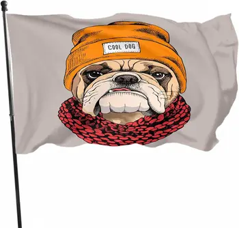 Bulldog Portré Szezonális Dekorációs Zászló Laza Hippi Narancssárga Sapka Kötött Piros Sál Rajzfilm Állat Fejét Szezonális Bannerek Udvar