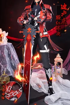 COSLEE Anime Genshin Hatása Diluc Cosplay Jelmez Sötét Piros Új Bőr Játék Ruha a Jóképű Egységes Halloween Party Ruha, Férfi