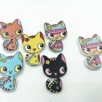 DIY 100-as Vegyes színű Nyomtatott macska gombok Fa dekoráció Varrás Scrapbooking 26mm