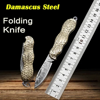 Damaszkusz Mogyoró Összecsukható Kés Réz Fogantyú Mini Kulcstartó Szabadtéri EDC önvédelmi Eszköz, Halászat, Túrázás Hordozható Gyűjtemény Kés