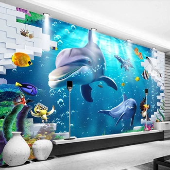 Egyéni Kék Víz alatti Világ Delfin Cápa Hal Korall 3D Fotó Tapéta Gyerekeknek Szoba, Hálószoba, Nappali, TV Háttér Dekoráció
