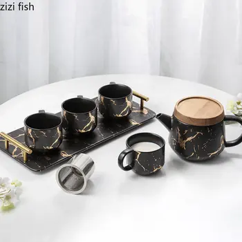 Fekete Márványos Kerámia Teás Készlet Teaware 6-darabos Készlet Teáskanna Csésze Tea Kanna Tea Tálca Tea Eszközök Tea Készítő Tea Tartozékok