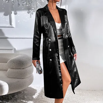 Fényes Parti Női Ruhák Trendi Fekete Hosszú Ujjú Outwear Maximum Szatén Női Tassel Kabát, Hosszú Kabát Streetwear Szexi V-Nyak