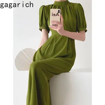 Gagarich Vintage Zöld Puff Ujjú Ruha Női Tavaszi-Nyári Új Koreai Stílus, Magas Derék Mutatják, Vékony Kendő Sima, Vékony Vestidos