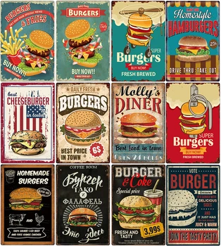 Hamburger, Hot-Dog Beefier Menü Poszter Vintage Fém Adóazonosító Jele, Fali Dekoráció Konyha Étterem Művészeti Lemez Festmény Ón Tányér Plakkok