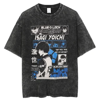 Kék Zár Anime Nyomtatás Mosott Póló Isagi Yoichi T-shirt Rövid Ujjú Felsők Manga Tshirt Pamut Vintage Harajuku Streetwear