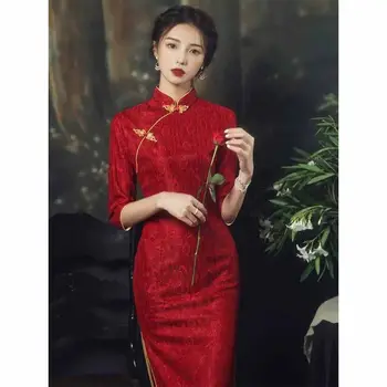 Kínai Menyasszony Esküvői Köszöntő Qipao Piros Vintage Este Fél Qi Pao Ruha Hagyományos Fiatal Lány Színpadi Show Cheongsam Vestidos
