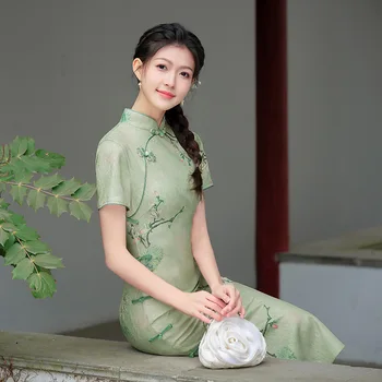 Kínai Stílusú Ruha a Fiatal Lányok Cheongsam Egyszerű, Közepes hosszúságú, Virágos Teljesítményét Mutatják, Estélyi Ruha Vintage Qipao a Nők, Buli