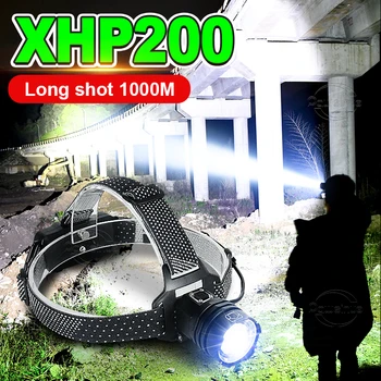 Legújabb XHP200 Szuper Erős LED Fényszóró USB Újratölthető Fényszóró 18650 Vízálló 3modes Fej Lámpa Nagyítható Halászati Lámpás