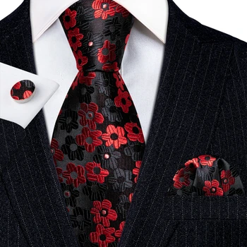 Márkás Nyakkendőt a Férfiak Selyem Piros Fekete Virágos Paisley Nyakkendő, zsebkendő Mandzsettagomb Beállított Esküvői Kiegészítők Ajándék Barry·Wang 6198