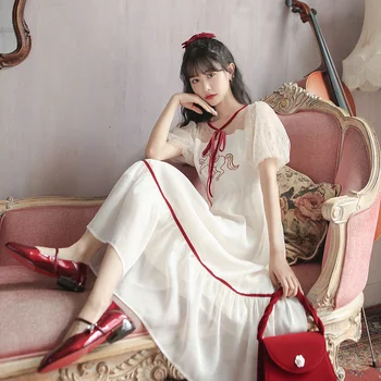 Művészi stílusban hímzett chiffon ruha nők 2021 nyáron új, magas derék lámpás ujjú női szoknya diák Han Banchao