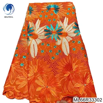 Narancs Krizantém, Üreges Design Nigériai 100% Pamut Voile Csipke Anyag Esküvői Ruha ML66R333