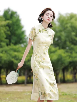 Nyáron Sárga Nők Cheongsam Ruha Vintage Virágos, Rövid Ujjú Ruha Vékony Kínai Stílusú Jelmez Közepén Hosszú Qipao S XXL
