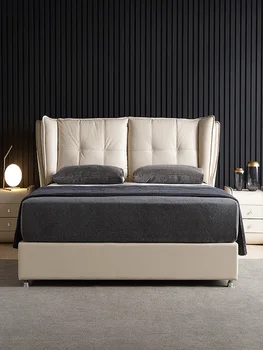 Olasz minimalista, modern, egyszerű, világos luxus hálószoba 2m bőr ágy világít 2 personnes bútor, matrac ágy