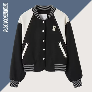 Patchwork Vágott Baseball Kabát Női Fekete Divat Streetwear Vintage Levelet Bomber Dzseki Őszi Egyetemi Rövid Kabát, Női