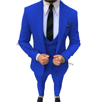 Royal Blue Slim Fit Férfi Öltönyök Új Érkezés 2023 Csúcs Hajtóka 3 Db Férfi Szmoking Az Esküvő Blézer+Mellény+Nadrág Kosztüm Homme