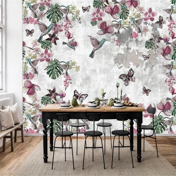 Saját háttérképet Európai retro beton fal, kézzel festett virág, madár, nappali, hálószoba háttér fal dekorációs festés