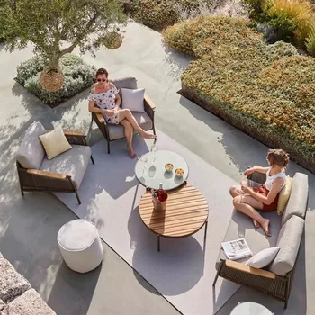 Skandináv stílusú kerti kötél, fonott kanapé udvarra néző erkély kert szabadidő vízálló alumínium ötvözet kanapé tea asztal kombináció