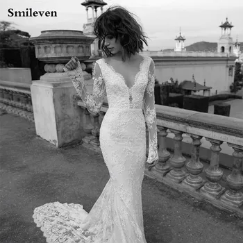 SmilevenLace Sellő Esküvői Ruhák Szexi V Nyakú Hosszú Ujjú Esküvői Ruha Menyasszony Ruha, Köntös de mariage 2020
