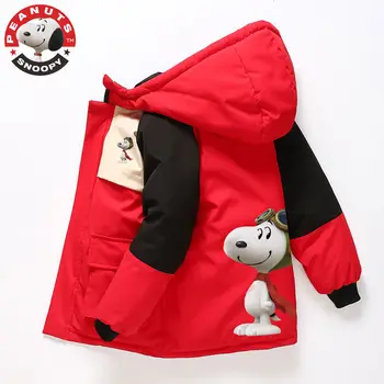 Snoopy kisfiú, Kislány téli kabát rajzfilm pamut, bélelt kabát, laza, megvastagodott kapucnis, hosszú kabát külső ruhadarab kabát