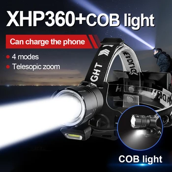 Szuper Erős USB-Fényszóró Nagy teljesítményű Újratölthető XHP360 LED Fej Lámpa Kültéri Vízálló Teleszkópos Zoom Kemping Fejét Lámpás