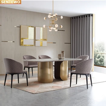 Tervező Luxus ebédlő Márvány Kő Födém étkezési terített asztal 4 szék mesa eettafel bútor marbre Rozsdamentes acél arany bázis