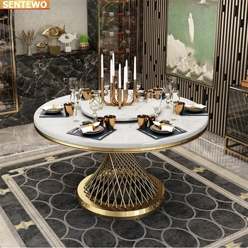 Tervező Luxus kerek étkező Márvány Kő Födém étkezési terített asztal 6 szék mesa comedor sillas bútor Rozsdamentes acél arany bázis