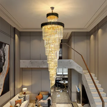 Top luxus kristály csillár villa előtér nappali, lépcsőház világítás hosszú loft lógó lámpa fekete/arany lakberendezés világítás