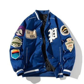 Téli Egyetemi Kabát Férfi Nő Levelet Jelvény Amerikai Baseball Dzseki Utcai Divat Hip-Hop Kabát Ifjúsági Pár Ruha Kék Piros
