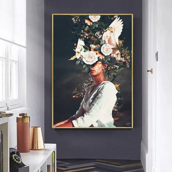 Virág Feje Nő, Férfi, Absztrakt Ábra Vászon Festmény Botanikus Portré Szürreális Wall Art Poszter, Nyomatok a Nappali Dekor