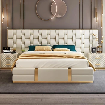 Új Luxus Ágy Nagy Matrac Kopjafa Tervező Hálószoba Bútor Egyedi King/Queen-Size Frame Bőr Kiváló Minőségű Ágy