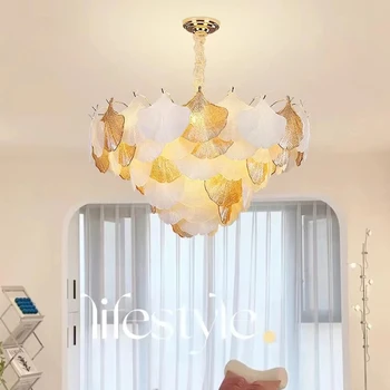Új, Modern LED-es Őszi Ginkgo Shell Üveg Medál Fény Művészeti Létre Csillár Beltéri Világítás nappaliban Lógó Lámpa