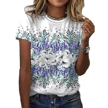 Új Női Alkalmi Tshirts Divat Trend, Kerek Nyakú, Rövid Ujjú Felsők Harajuku virágmintás Laza Nagy Méret T-shirt Kid100-6XL